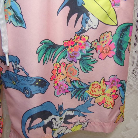 Batman Mesh Lined Swim Trunks Men's XL Pink Hawaiian Floral Surf Elastic Pre-own - Picture 3 of 16